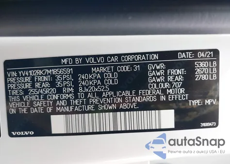 2021 Volvo Xc60 T5 Momentum from USA, damaged, VIN YV4102RK7M1856591